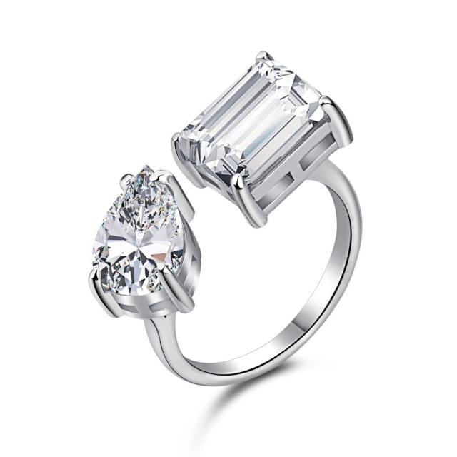 Wong Rain 100 % 925er Sterlingsilber, Smaragdschliff, hergestellter Moissanit-Edelstein, offener Ring für Hochzeit, Party, feiner Schmuck, Weihnachtsgeschenke Resizable