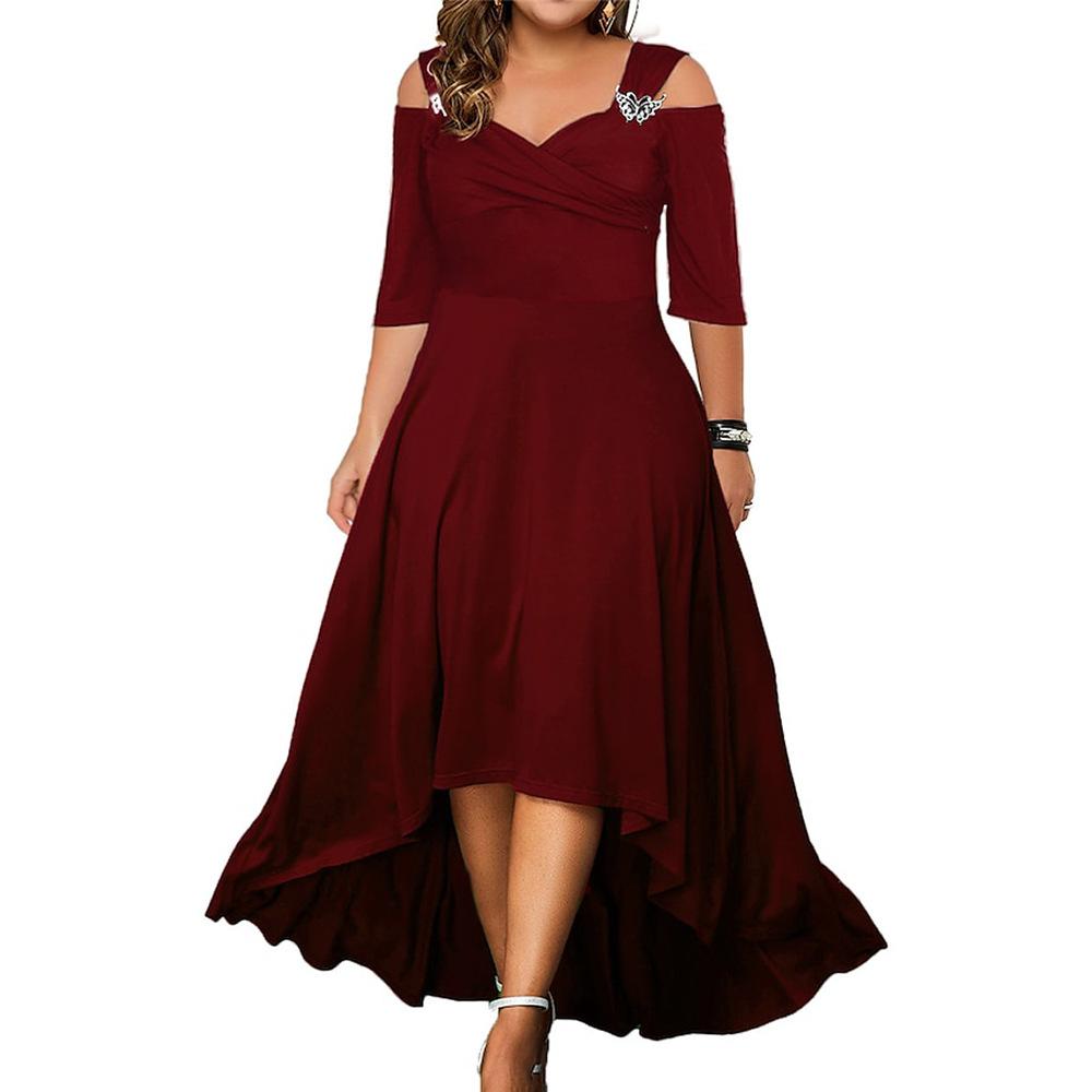 Plus Size Damen Sommer V-Ausschnitt Schulterfrei Midikleid Damen Elegantes Partykleid Swing Kleider Abendkleid L rot