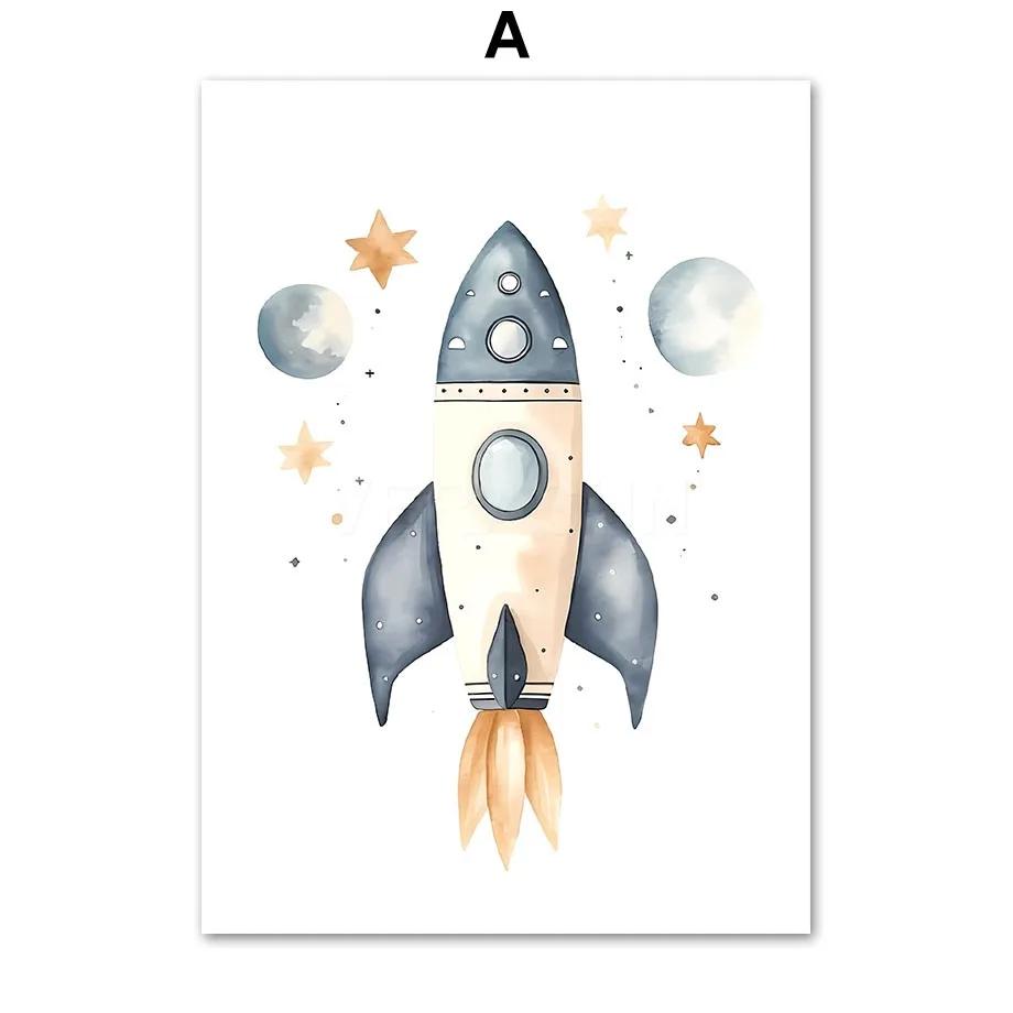 Aquarell Astronaut Raumschiff Rakete Weltraum Planet Kinderzimmer Wandkunst Leinwand Malerei Poster Druck Bilder Für Kinderzimmer Dekor 40cm×60cm NoFrame