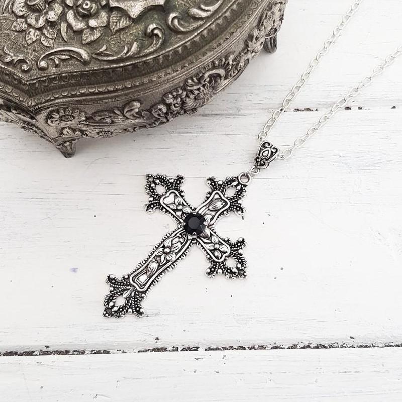 Kreuz Diamant Anhänger Schmuck Halskette Silber Ton Gothic Punk Schmuck Mode Glamour Statement Frauen Geschenke schwarz