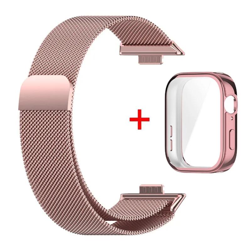 Metallarmband für Huawei Watch Fit 4 Armband mit Gehäuse TPU Displayschutz Armband für Huawei Fit 3 Mailänder Magnetverschluss Uhrenarmband Huawei Watch Fit 4 Pro rosa