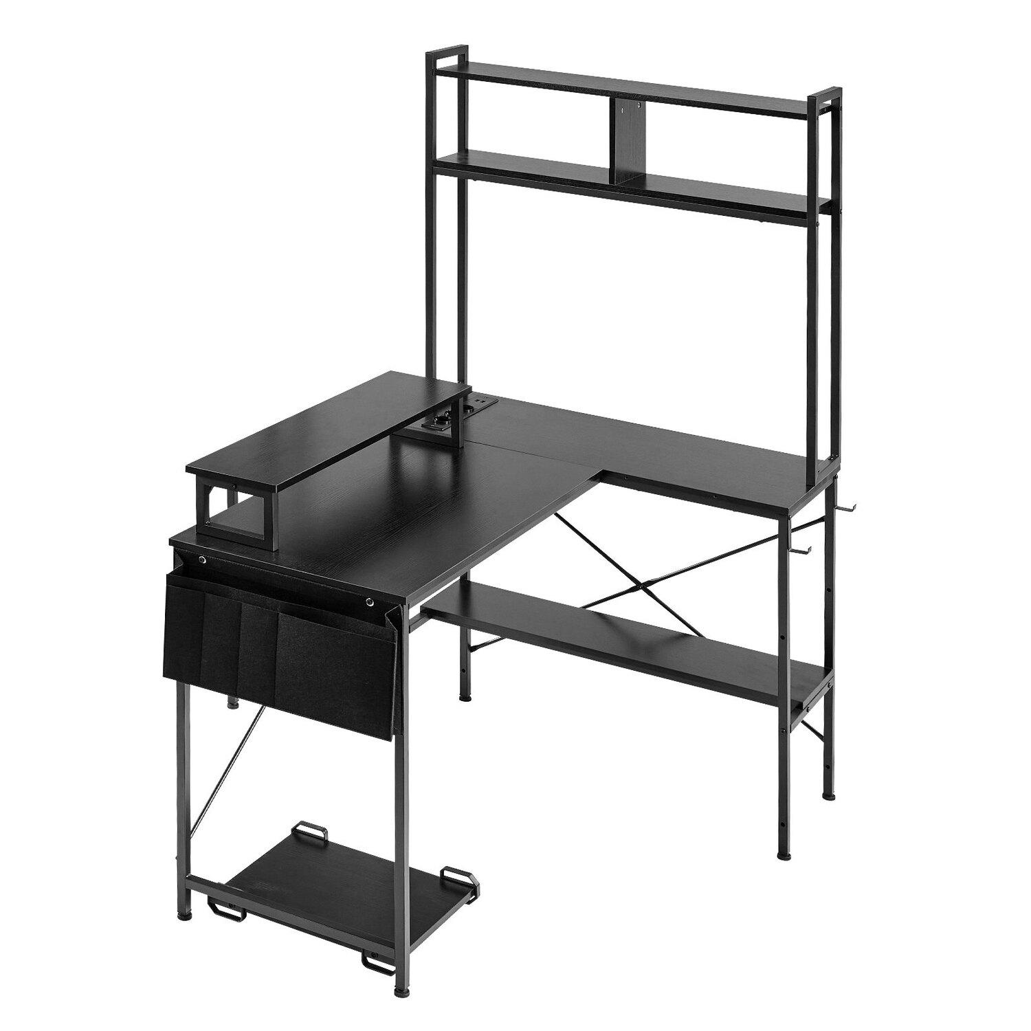 L-förmiger Gaming-Schreibtisch mit LED-Beleuchtung, 1,2 m umkehrbarer Eck-Computertisch mit Monitorständer, Steckdosen, beweglichem CPU-Ständer & Regal, Modern