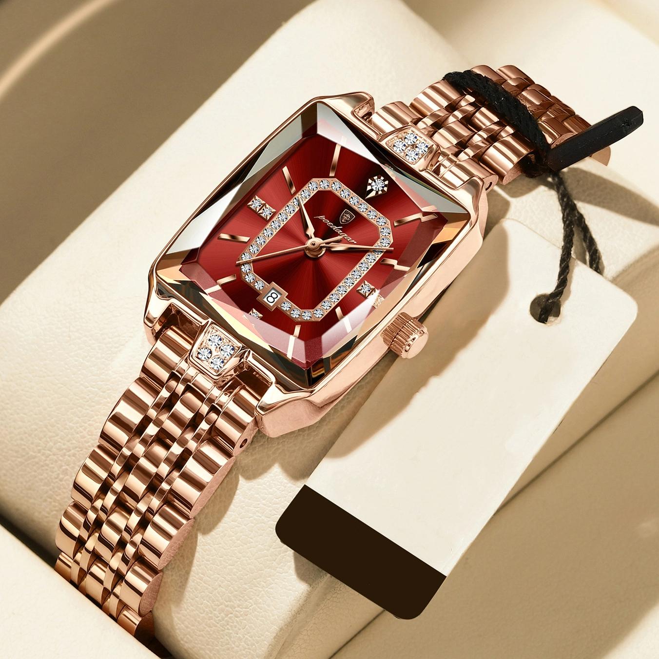 POEDAGAR Luxuriöse Elegante Uhr für Damen Datum Wasserdicht Rechteck Damenuhr Edelstahl Quarz Damenuhren rot/rose gold
