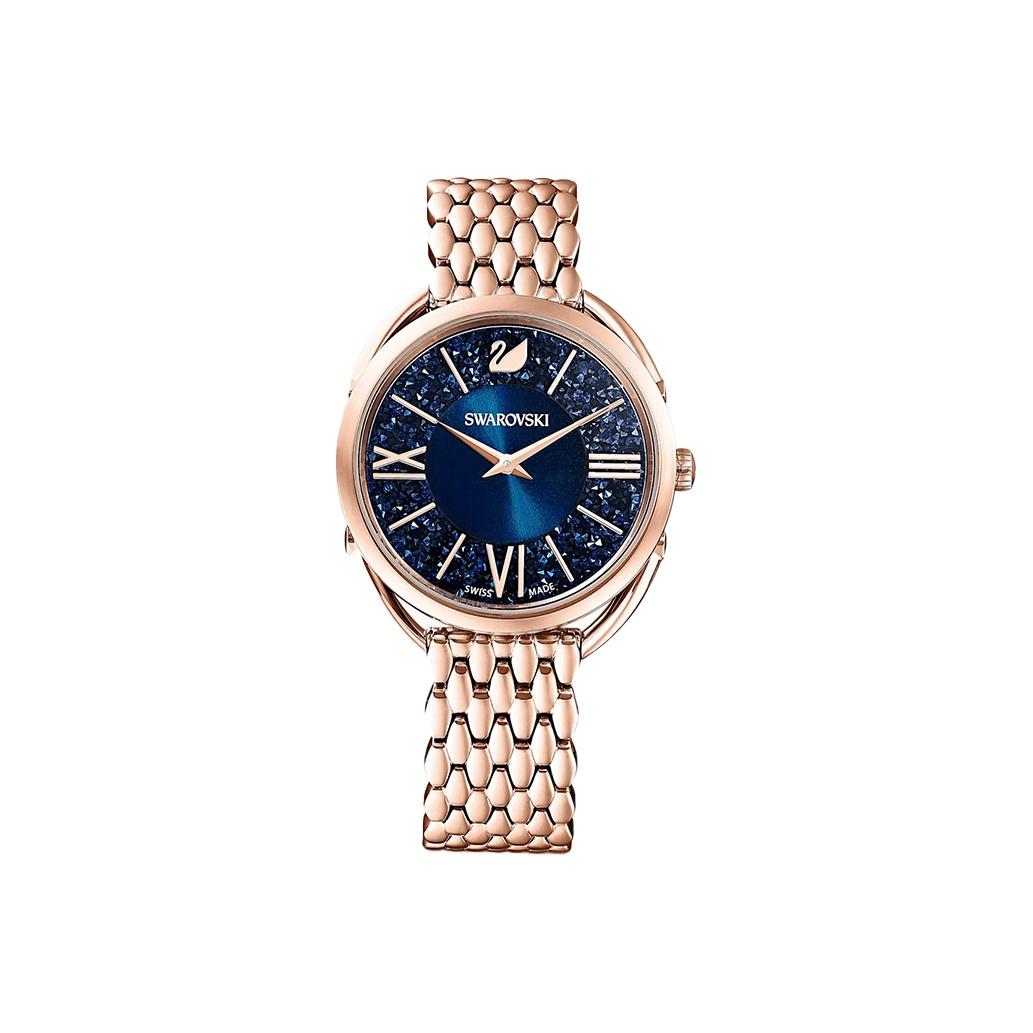 Swarovski Crystalline Glam Serie Uhr Quarzwerk Edelstahlarmband Blaues Zifferblatt Römische Ziffern Damenuhren Silber 5475784 Regular Watch Box,Gold Strap