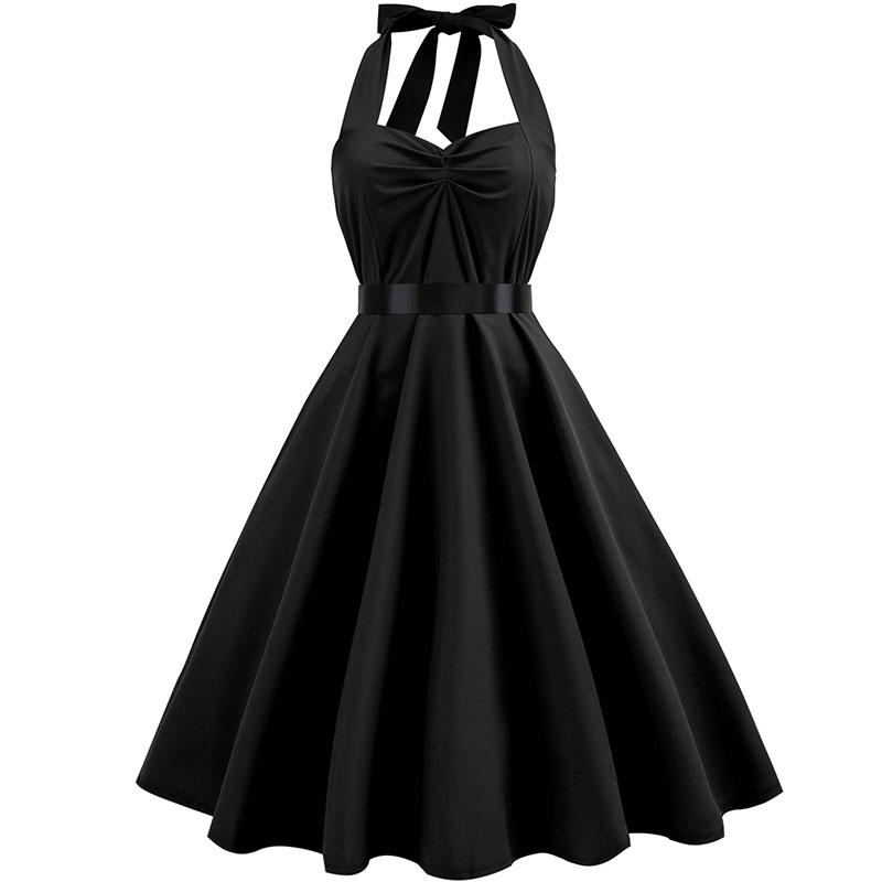Sexy Retro Rotes Polka Dot Kleid Audrey Hepburn Vintage Neckholder Kleid 50er 60er Gothic Pin Up Rockabilly Kleid Plus Size Robe S black