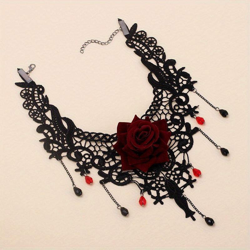 [Schmuck mit roten Rosen ohne Plattierung] Damen Halskette im Dark Punk Stil mit Spitze und Blumen, Gothic Vintage Choker mit roten Rosen, Ganzjährig, für Alltag & Party