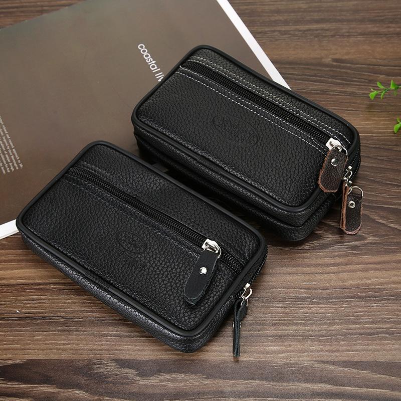 Herren Tasche Geld Gürteltasche Hüfttasche Handytasche Kleine Tasche Sporttasche Handytasche Großer Platz Reißverschluss Leder Gürteltasche Double layer schwarz