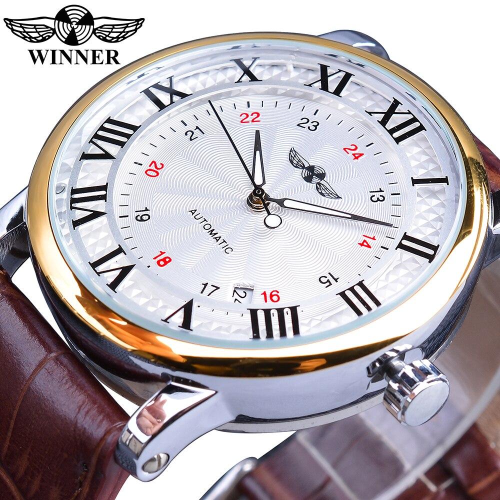 GEWINNER Rom Nummer Mode Männer Marke Sport Armbanduhren Selbst wind Automatische Mechanische Kalender Leder Uhr gold