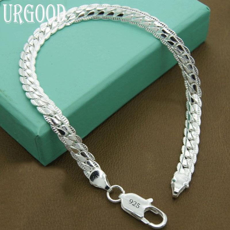 925 Sterling Silber 6 mm Seitenkettenarmband Modeschmuck 20cm