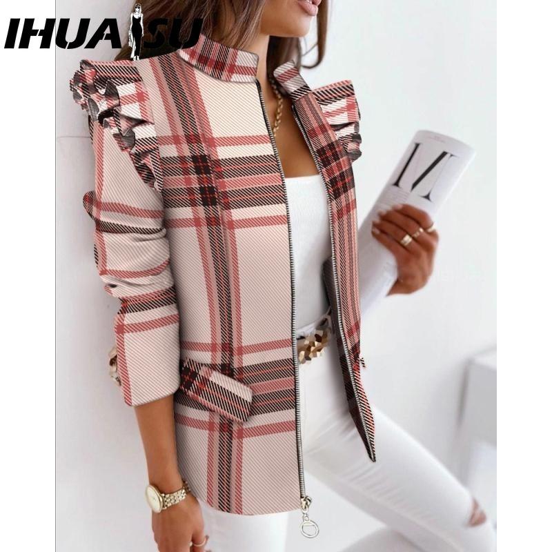 IHUASU Damen Vintage Lässig kariert Herbst Winter Langarm Jacken & Mäntel XXXL