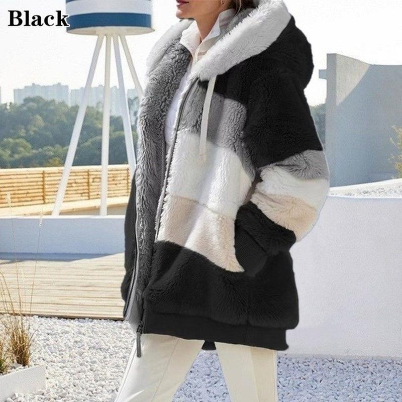 Neue Winter Damen Jacke Mit Kapuze Warme Plüsch Lose Jacke für Frauen Patchwork Winter Oberbekleidung Faux Pelz Zipper Damen Parka mantel XXXXXL schwarz
