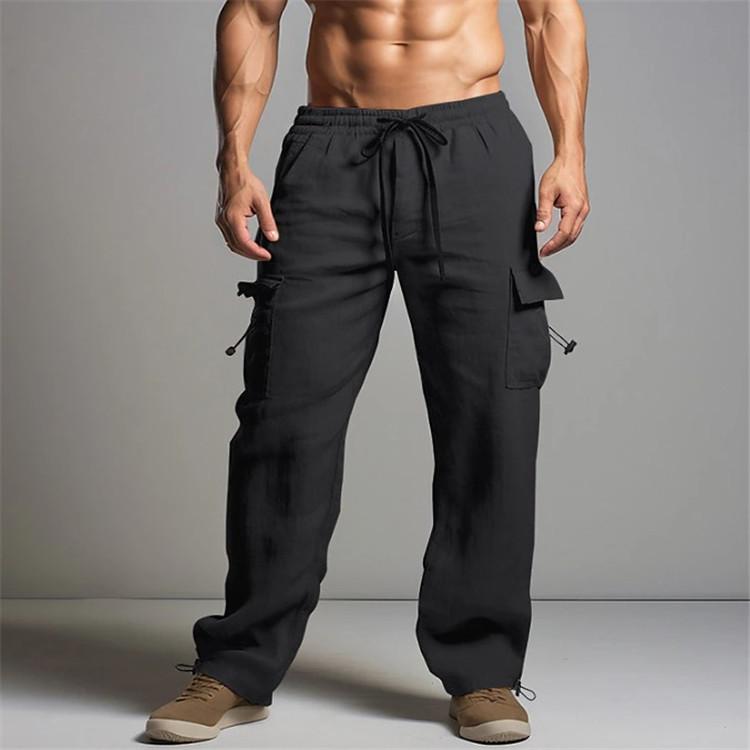 Herren Jogginghose Baumwollhose Sommer Strandhose Kordelzug Elastische Taille Mehrere Taschen Einfarbig Atmungsaktiv Lässige Arbeitshose XXL schwarz