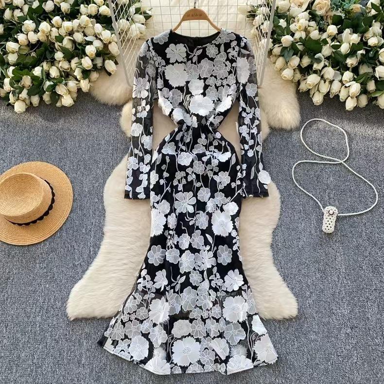 Elegante 3D Blume Stickerei Lange Maxi Kleider Frauen Sommer Urlaub Fischschwanz Abend Party Kleider Bleistift XXL schwarz