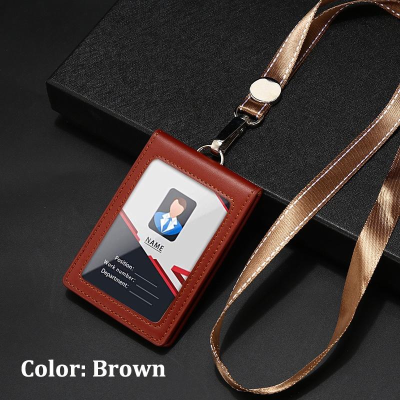 Ausweishalter aus echtem Leder, Schlüsselanhänger, Geldbörse, Umhängeband mit drehbarem Haken für Karten, Visitenkarten, Abzeichen, Buskarten, Zugangskarten, Ausweise braun