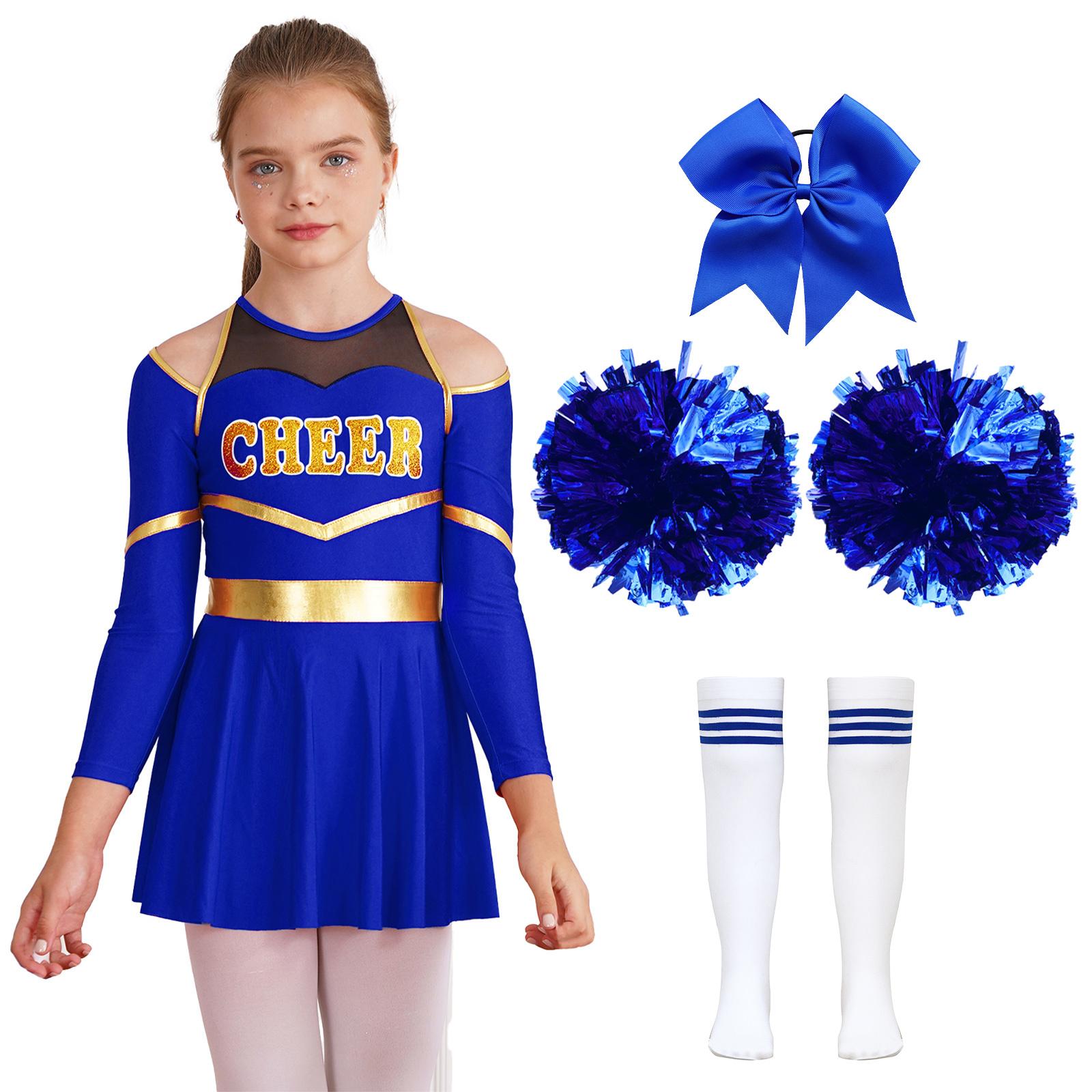 Kinder Mädchen Cheerleading Uniform Outfit Kinder Langarm Kleid mit Strümpfen Kopfbedeckung und 2 Pom Poms 15-16 Years blau