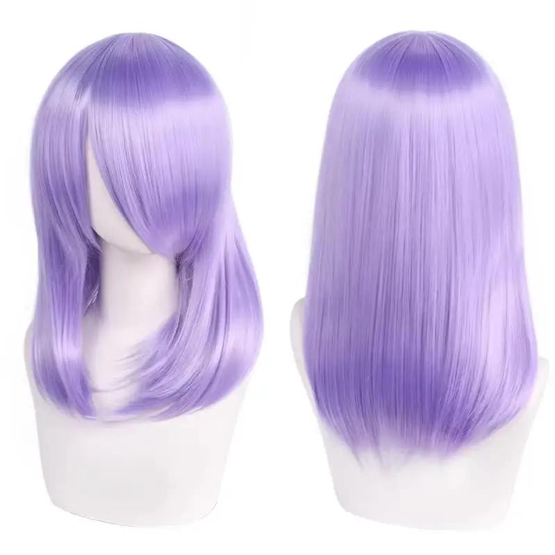 QQXCAIW Hohe Qualität 40cm Mittellange Cosplay-Perücke Mit Pony Schwarz Blond Pink Rot Blau Lila Hitzebeständiges Synthetisches Haar-Perücken Violett