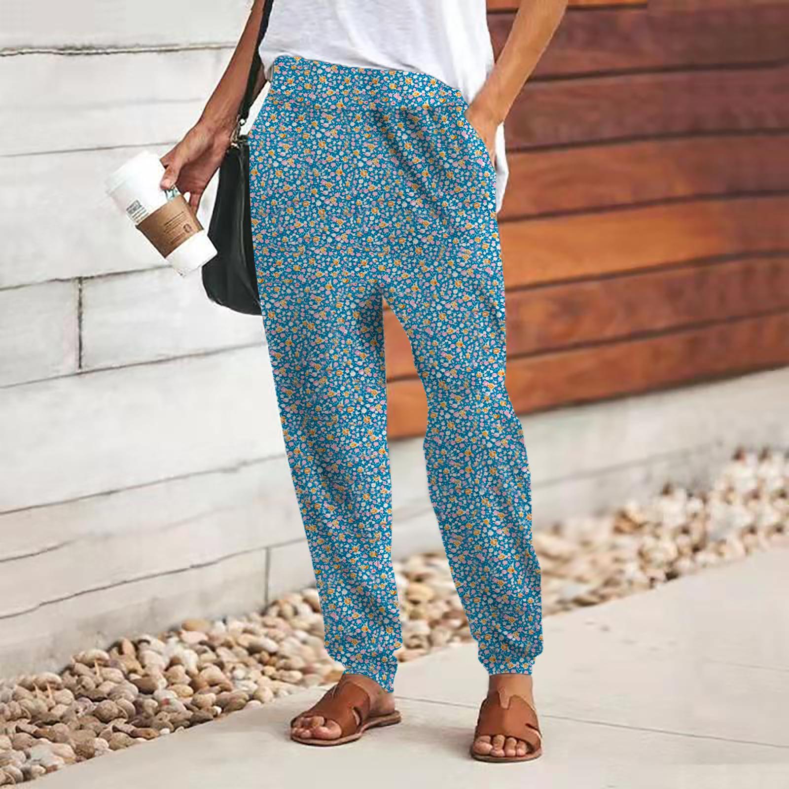 Damenhose mit 3D-Blumenfragmenten-Print, Blau, zum Schnüren, elastische Taille, lockere Hose, lässige lange Hose, Hose mit Taschen 8XL blau