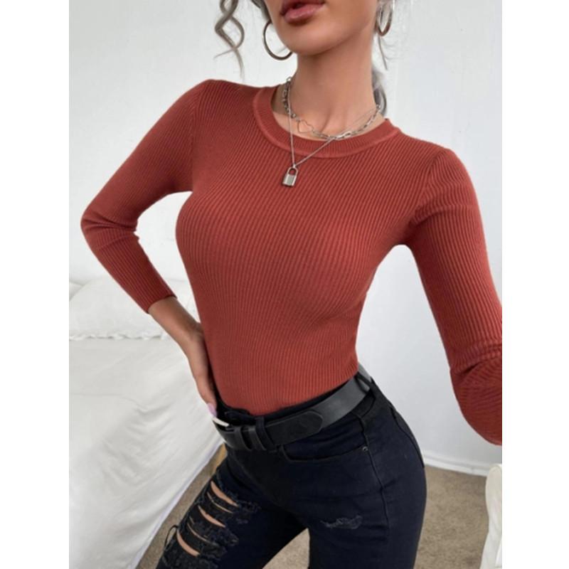 Herbst Winter Pullover Tops frauen Bodenbildung Pullover Mode Langarm Bluse Rippen Gestrickte Casual Jumper Pullover L ziegelrot