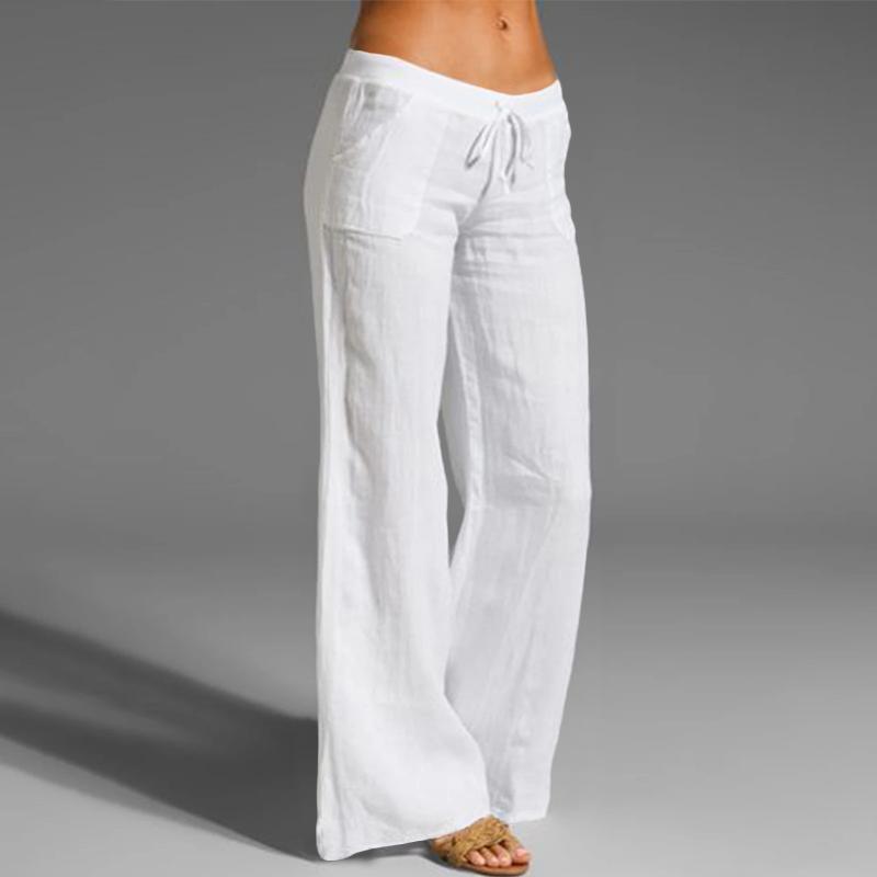 Damen Frühling Sommer Baumwolle Leinen Hose Casual Elastische Taille Weites Bein Hose Mode Weiß Schwarz Hose 3XL weiß