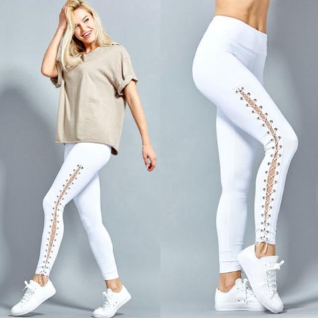 Mode Frauen Hohe Taille Leggings Bleistift Hosen Spitze Up Schlanke Bandage Hosen Gym Fitness Training Track Hosen L weiß