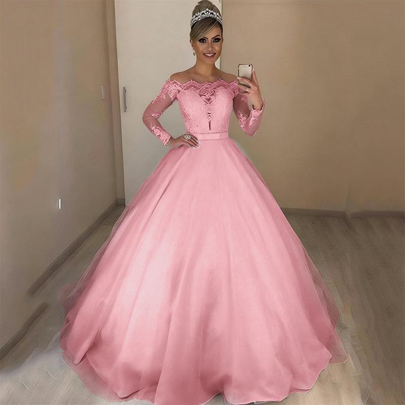 1011 Europäisches und amerikanisches One-Shoulder V-Ausschnitt figurbetontes Mode flauschiges Schleppen Brautkleid Spitze Spitze Rock M rosa