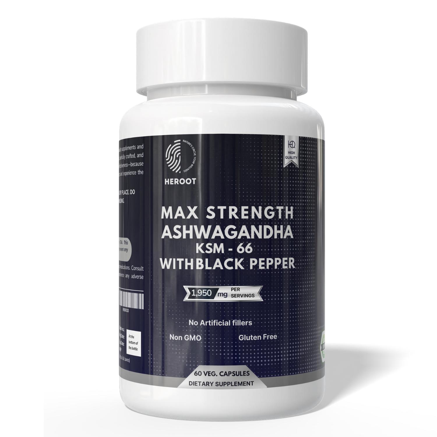 Heroot Ashwagandha & Schwarzer Pfeffer Kapseln | 1950 mg | Nahrungsergänzungsmittel Pack=240 Capsules