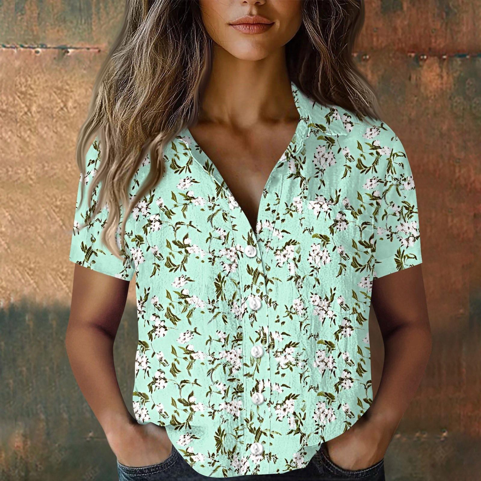 Damen Blusen & Hemden, Baumwolle, Leinen, kurzärmelig, lockere Boho-T-Shirts, Vintage-Blusen M