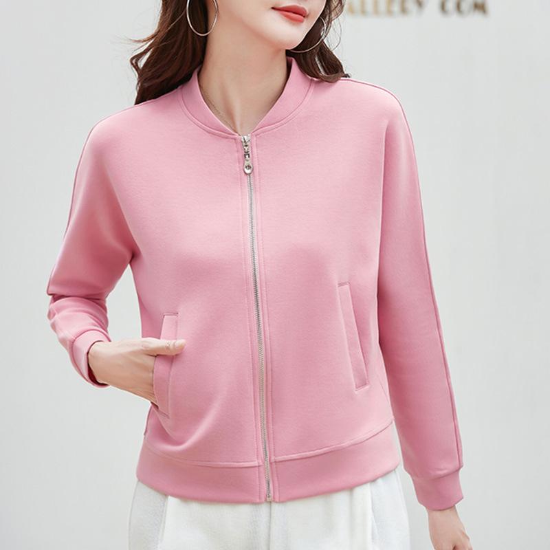 Frühling und Herbst Damen Jacke Baseball Kleidung einfarbig Reißverschluss Langarm Jacke M rosa