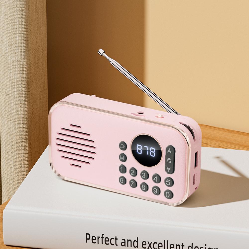 Mini Taschen-FM-Radio Tragbar Bester Empfang Radios Empfänger Drahtloser Sound Bluetooth-Lautsprecher TF-Karte USB MP3 Musik-Player rosa