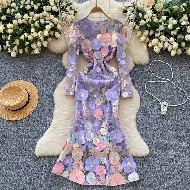 Elegante 3D Blume Stickerei Lange Maxi Kleider Frauen Sommer Urlaub Fischschwanz Abend Party Kleider Bleistift L
