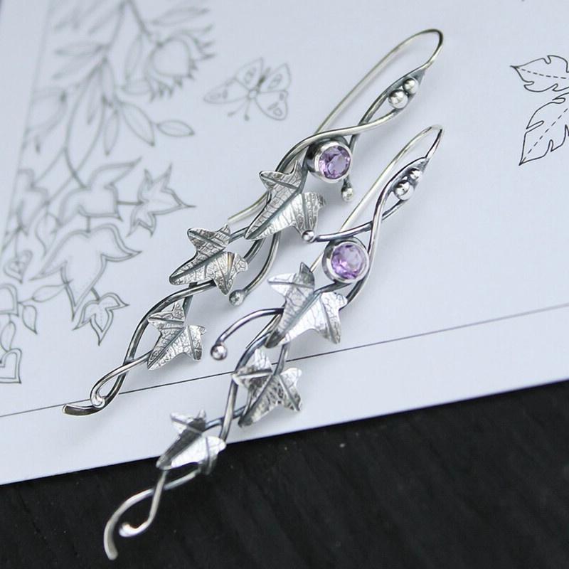Silber Farbe Ohrringe Efeu Ohrringe Botanischer Schmuck Pflanzen Ohrringe Blatt Unregelmäßiges Design Retro Ohrring Frauen Neu violett