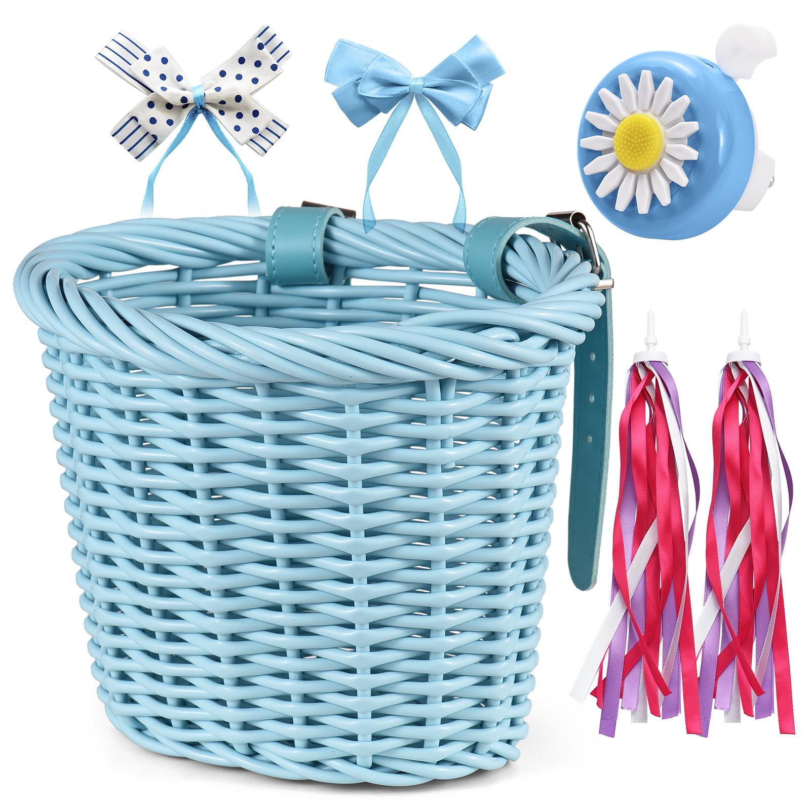 Kinderfahrradkorb für Mädchen, Fahrradzubehör vorne mit Lenkerschlangen, Radfahren, Alter 3–13 hellblaue