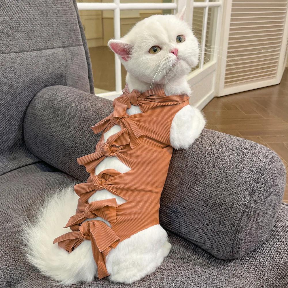 Katzen Erholungsanzug Kätzchen OP-Anzug für Abdomen Wundschutz Anti-Leck-Kegel E-Halsband Alternative für männliche & weibliche Katzen L (6-9kg) braun