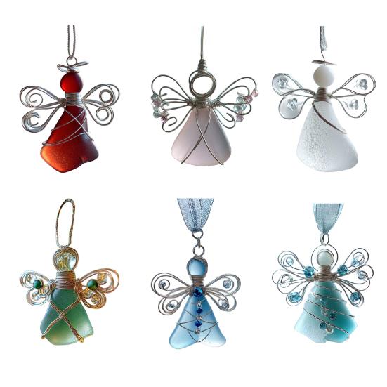 Handgemachter Seeglas-Engel-Ornament Küstenweihnachten Seeglas-Kunst Andenken Drahtumwickelter Engel Weihnachtsbaumschmuck für Feiertags-Heimdeko 6pcs