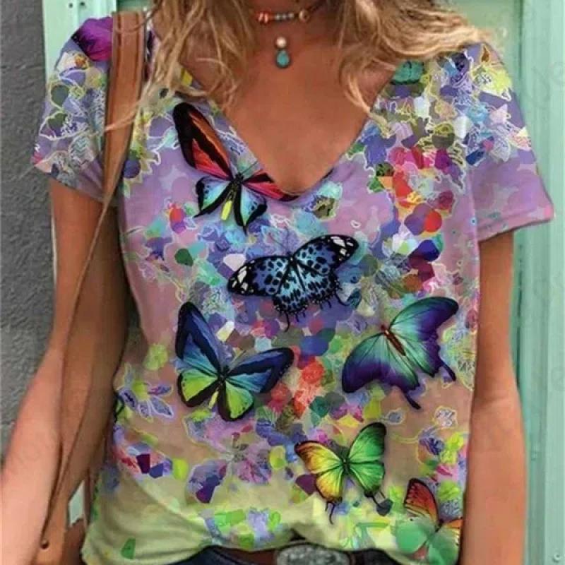 Sommer Vintage Floral Frauen T-shirts 3d Blume Pflanzen Druck T-shirt Frauen Mode T-shirt V-ausschnitt Übergroßen T Shirt Frauen Kleidung L