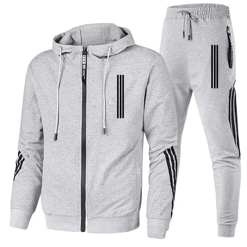 Herren Hoodies + Hosen Zweiteilige Sets Triple Slant Hoodie Jacke Sport Reißverschluss Trainingsanzüge Sport Jogging Männliche Fitness Kleidung XL gray