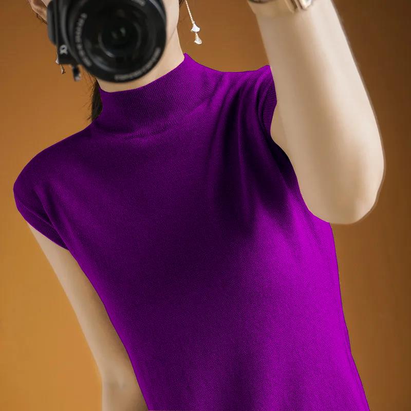 Dünnes Camisole-Top Damen Sommer Halbochgeschlossenes Kurzarm-T-Shirt Damen Gestricktes Lockeres Temperament Ärmelloses Top Damen Basisshirt 3XL violett