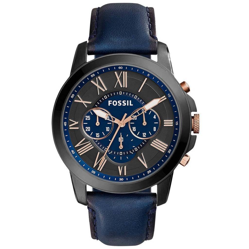 Fossil Grant Chronograph, schwarzes und blaues Zifferblatt, blaues Leder, FS5061, Herrenuhr schwarz