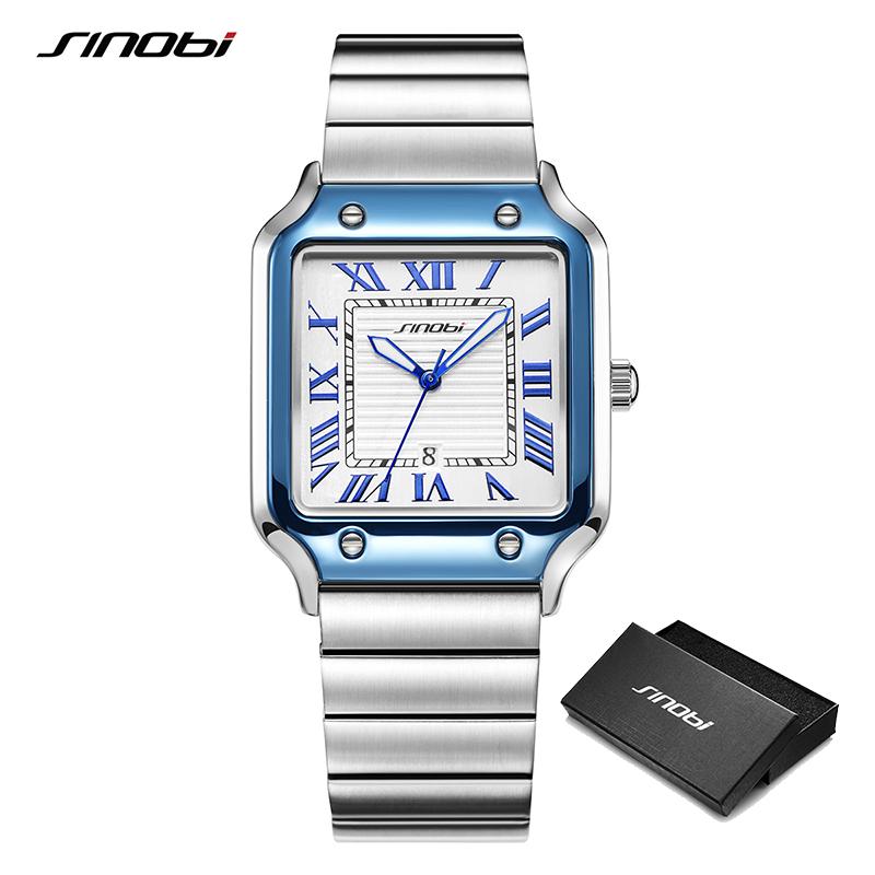 SINOBI Casual Design Herren Quarzuhren Mode Edelstahl Herren Armbanduhren Business Square Clock blau