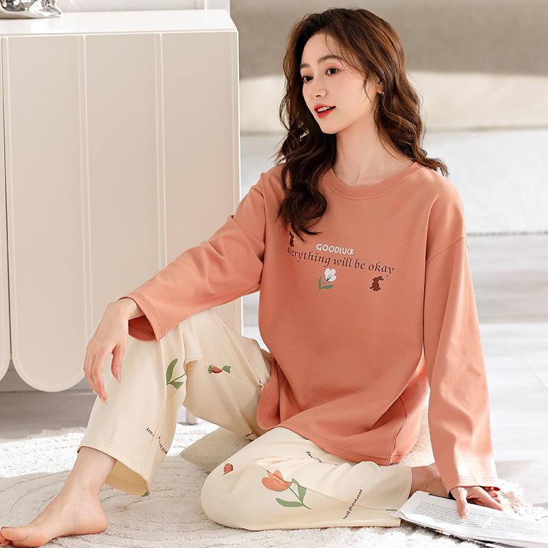 Junger Pyjama-Set-Stil Langarm Baumwolle Damen-Pyjama Herbst und Frühling Baumwolljacken Zuhause Damen-Pyjama 3XL