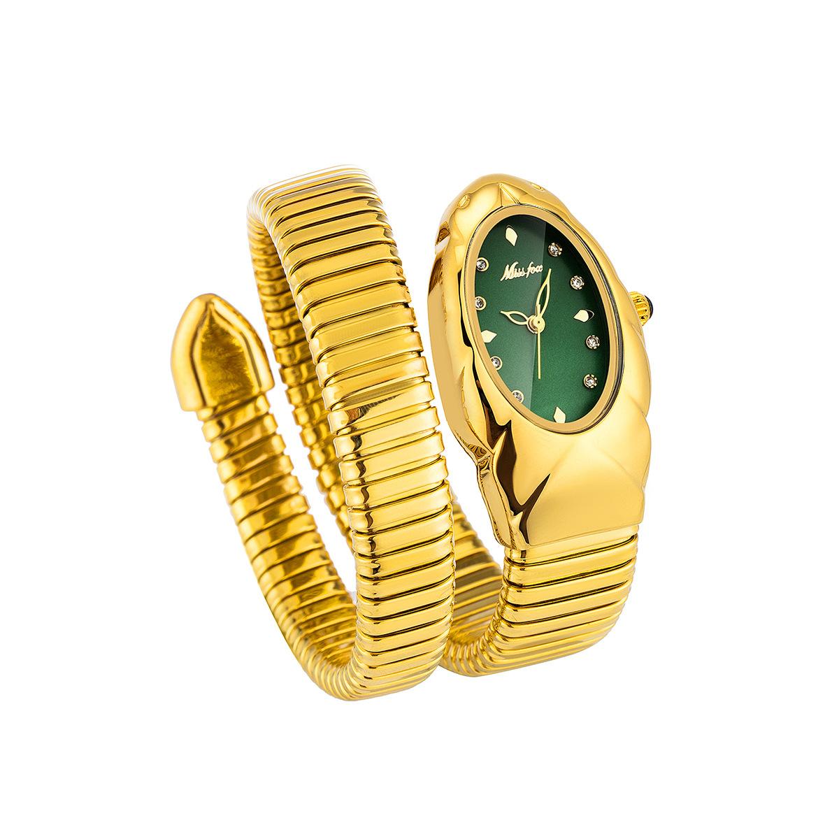 MISSFOX Damen Schlangenarmbanduhr Edelstahl Mode Gold Damenuhren Uhr Luxus Damenarmbanduhren Wasserdichte Uhren goldgelb/grün