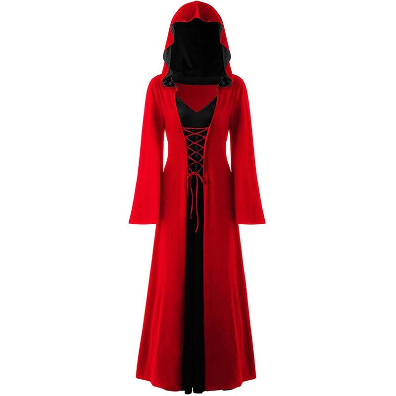 Mittelalterliches Kleid für Damen, langärmelig, Gothic-Kleidung, mit Kapuze, Renaissance-Kostüme, Vintage-Steampunk-Umhang, Schnür-Cosplay-Kleid XXXXXL