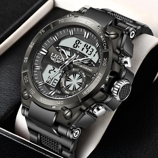 LIGE Herrenuhren Top-Marke Große Sportuhr Luxus Herren Militär Silikon Quarz Armbanduhren Mode Chronograph Männliche Uhr schwarz