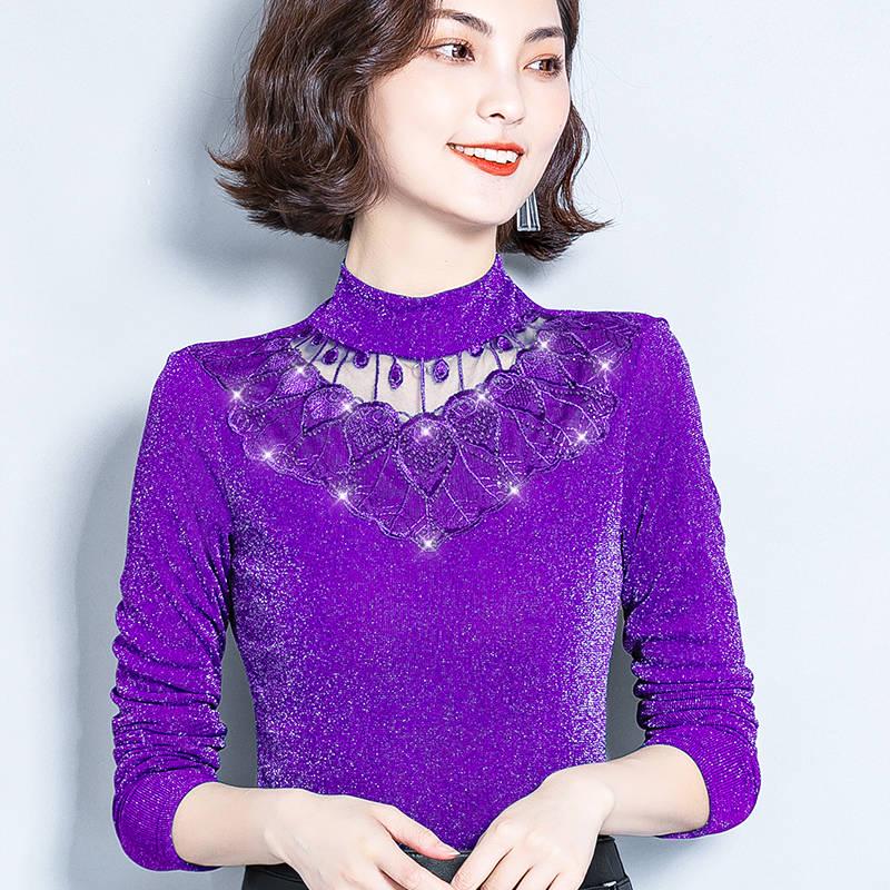 Frauen Herbst Winter Plus Samt Spitze Dicken Pullover Enge Sexy Bodenbildung Pullover Langarm XL violett