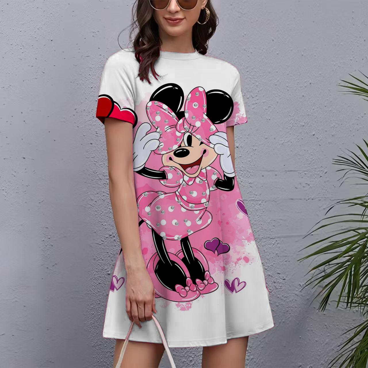 Damenkleider Mickey Maus Print Elegant & Schön Midi-Kleider Große Größen Damen Sommer Einteiler 5XL pink