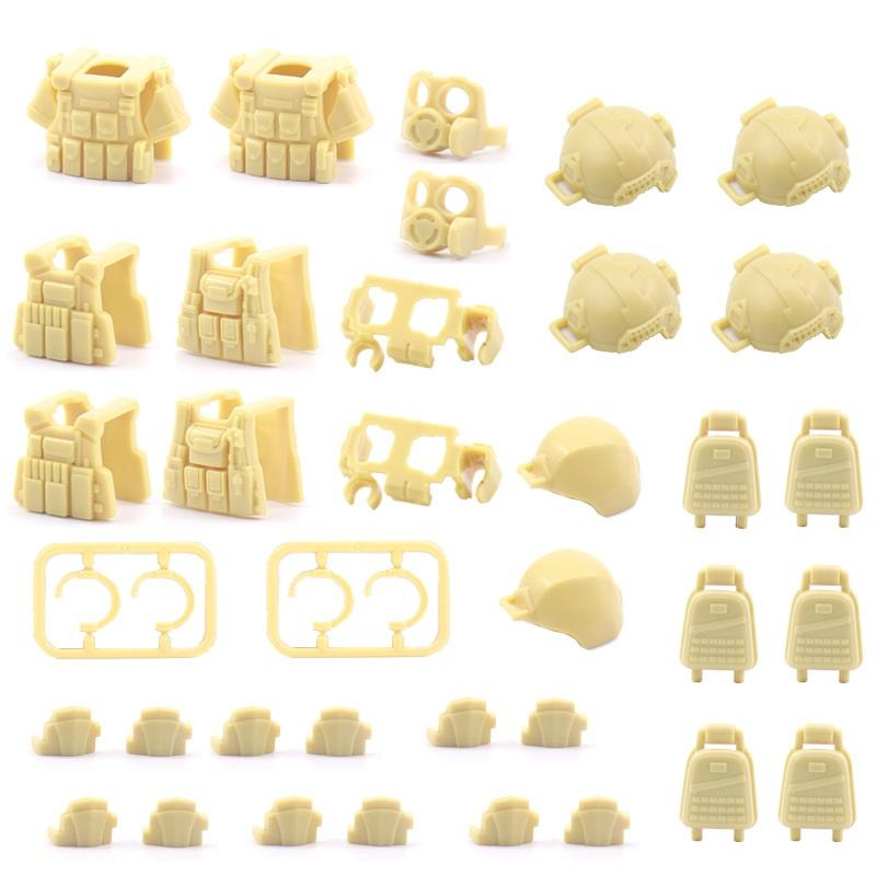 MOC Military 46-teiliges Rüstungszubehörpaket mit Minifiguren, kompatibel mit führenden Marken-Armeesoldaten-Bausteinen, Ziegelsteinspielzeug für Kinder gelb
