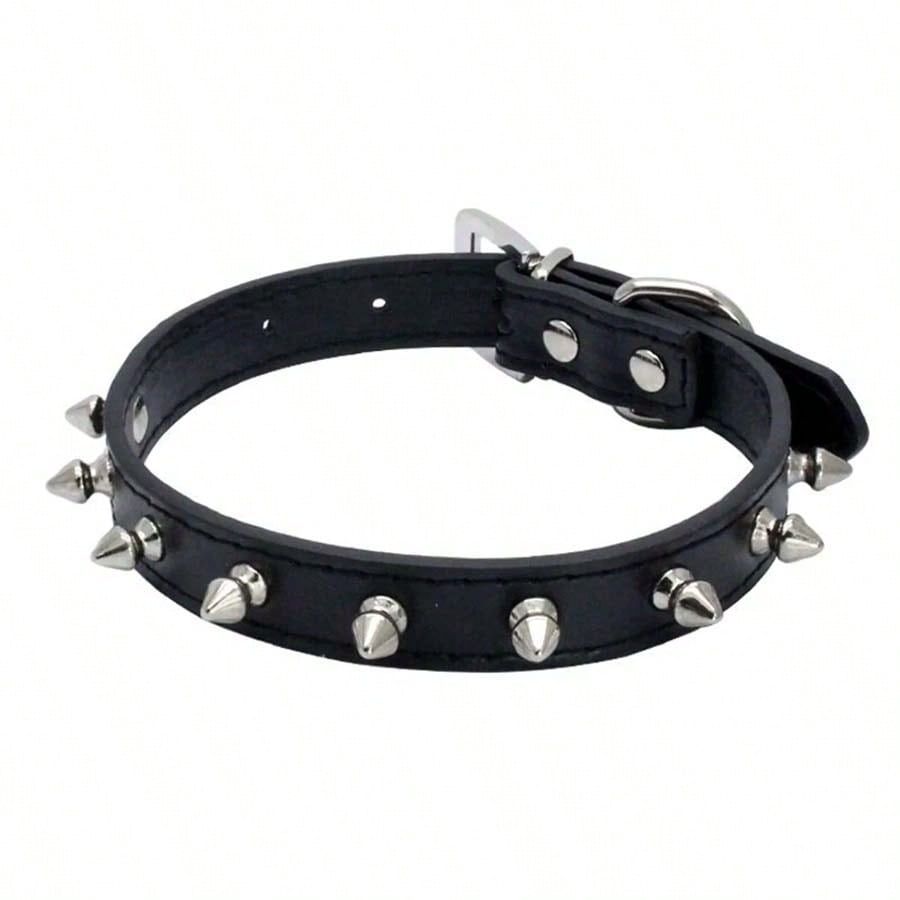 Verstellbares Leder Haustier Hundehalsband Nackenband Zubehör PU Leder Punk Nieten Stacheliges Hundehalsband Haustierhalsbänder für Kleinen Hund Katze L schwarz