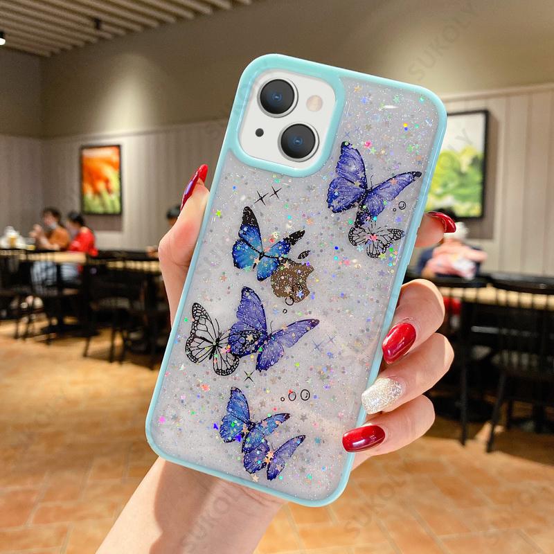 Süße Schmetterlings-klare Telefonhülle für iPhone 16 Plus 15 Pro Max 14 Pro 13 12 Mini-Hüllen Epoxy Soft für iPhone 11 Xr Xs Max X 7 8 Plus Fundas Coque Cover iPhone 13 Pro hellblaue