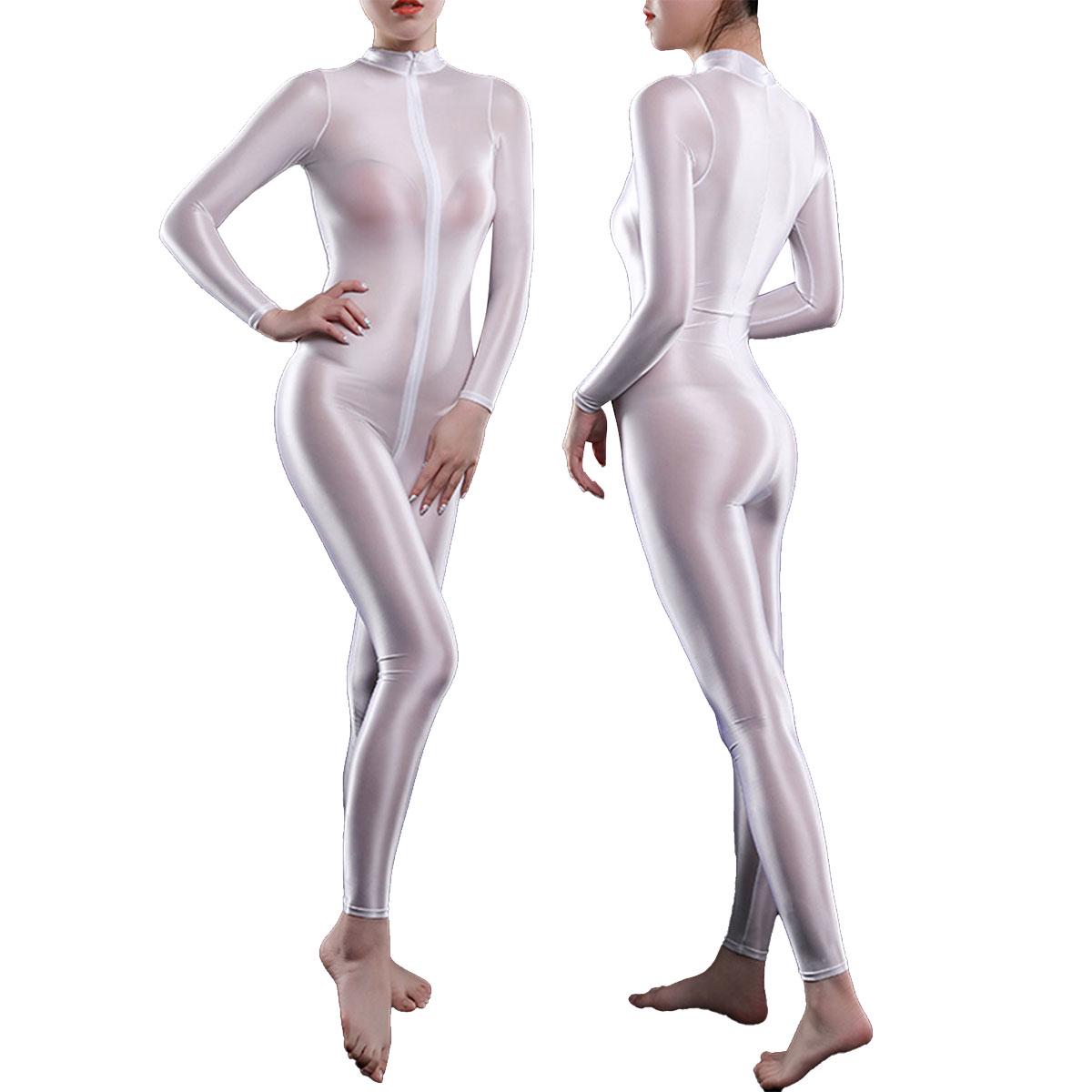 Einteiliger, glänzender, langärmliger, glatter Leotard-Bodysuit mit Doppelreißverschluss für Damen und Catsuit weiß