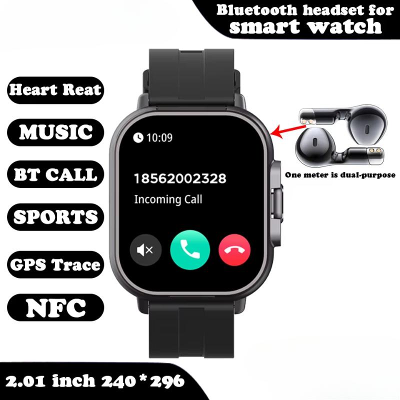 2025 Smart Watch 2 in 1 mit Kopfhörer Smartwatch Bluetooth Anruf Herrenuhr GPS-Track Herzfrequenzmesser Musik abspielen SmartWatch Silicone schwarz